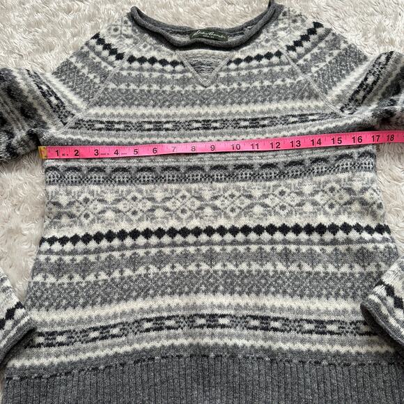 Eddie Bauer Womens S Gray Fair Isle Nordic Lamb’s Wool Sweater Elbow Patches - Picture 7 of 10